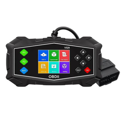 OBD2 car diagnostic scanner with V529 screen, menu buttons, and OBDII connector