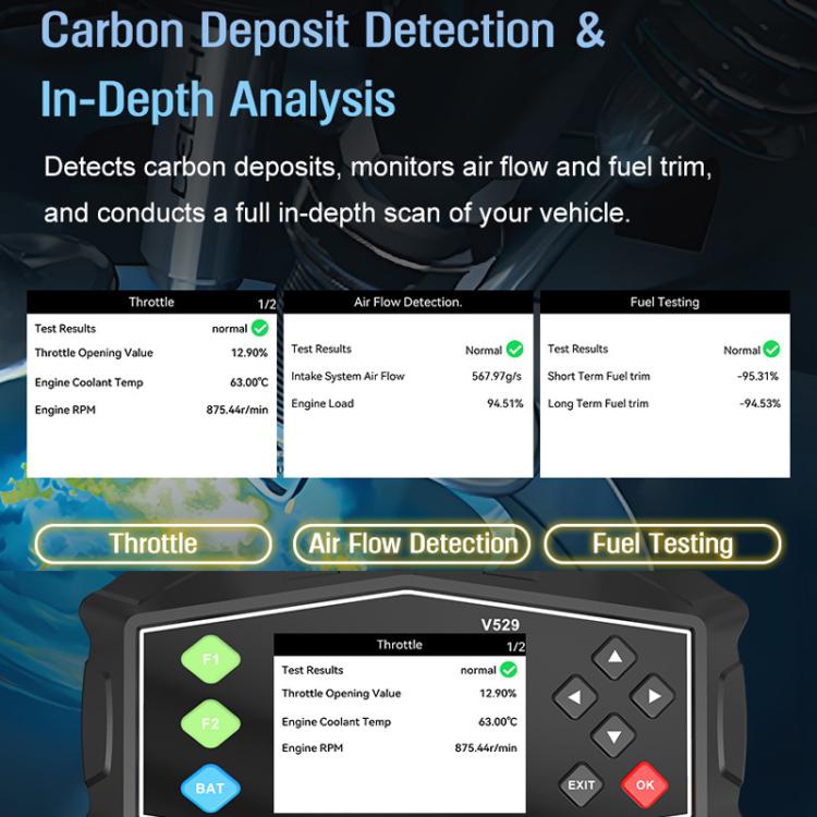 OBD2 scanner display showing diagnostic test results with arrow keypad buttons