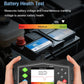 OBD2 scanner with battery health test screen and side buttons, held by hands