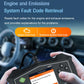 OBD2 scanner held in hand showing engine and emissions fault code retrieval