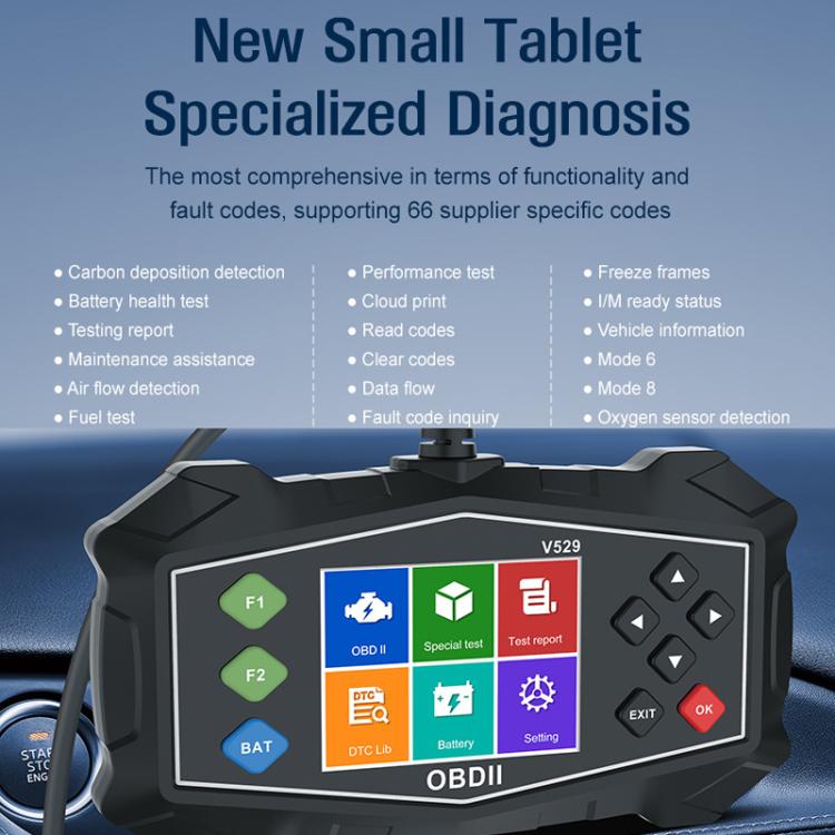 OBD2 scanner tablet body with special test and report icons on bright display