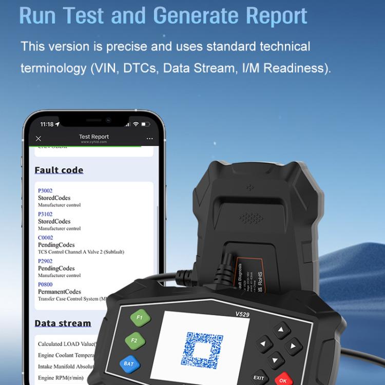 OBD2 scanner with test report screen and connected cable at OBDII port