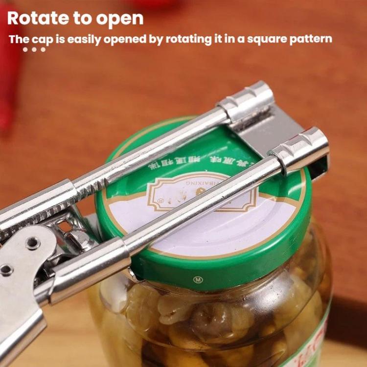 Adjustable can opener clamp gripping a jar lid with metal rotating mechanism