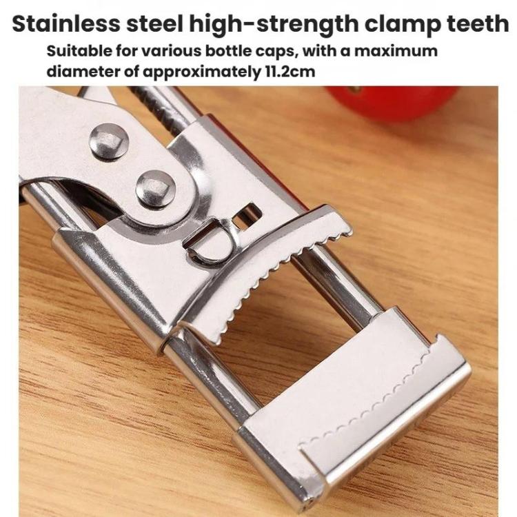 Stainless steel bottle cap and can opener clamp teeth with adjustable opening jaws
