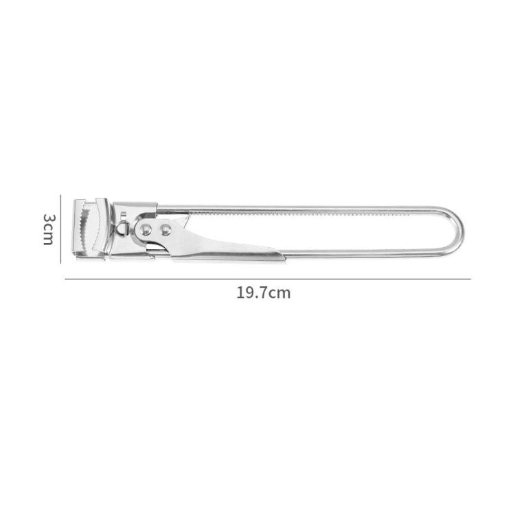 Measured stainless steel can opener length with adjustable clamp mechanism