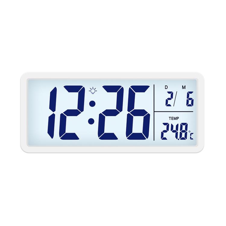 White LCD digital clock with blue backlit time and temperature display