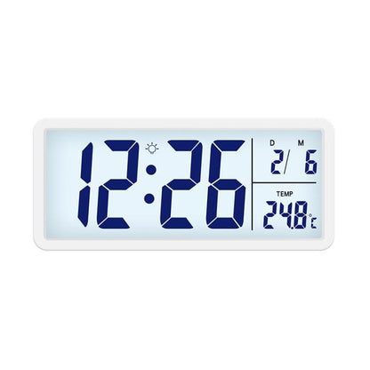 White LCD digital clock with blue backlit time and temperature display