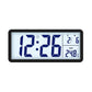 Black LCD digital clock with blue backlit time and temperature readout