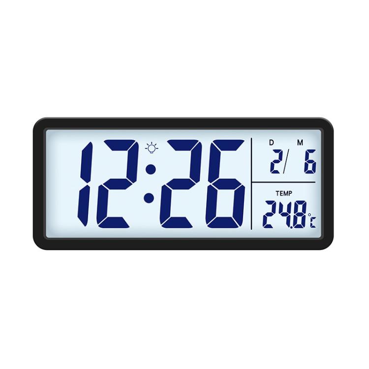 Black LCD digital clock with blue backlit time and temperature readout