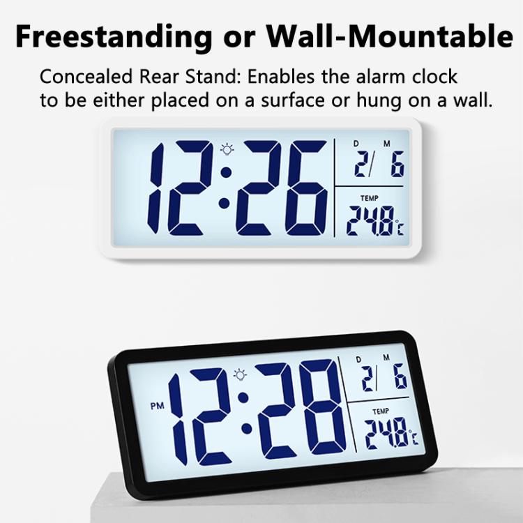 Freestanding LCD digital clock with blue backlit time and temperature display
