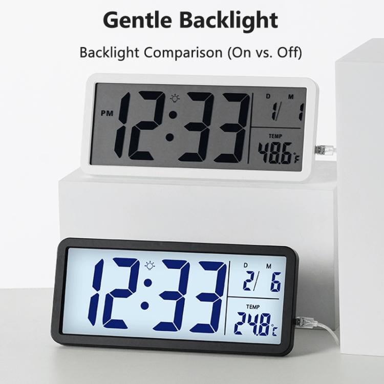 White LCD digital clock with backlight on, showing time and temperature