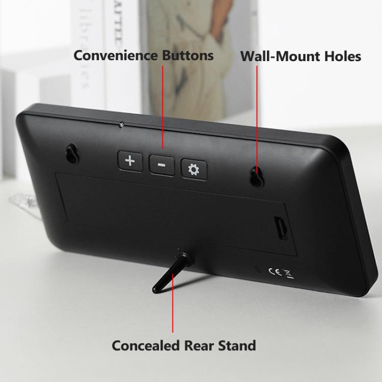 Black LCD digital clock with visible buttons and concealed rear stand