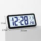 Black LCD digital clock with blue time and temperature display, with dimensions