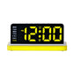 LED mirror desktop alarm clock with large yellow digits, black face, yellow base stand light