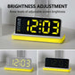 LED mirror desktop alarm clock with yellow digits, black face, bright yellow base stand
