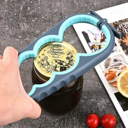 4-in-1 can and bottle cap opener in turquoise and gray, held over a jar lid