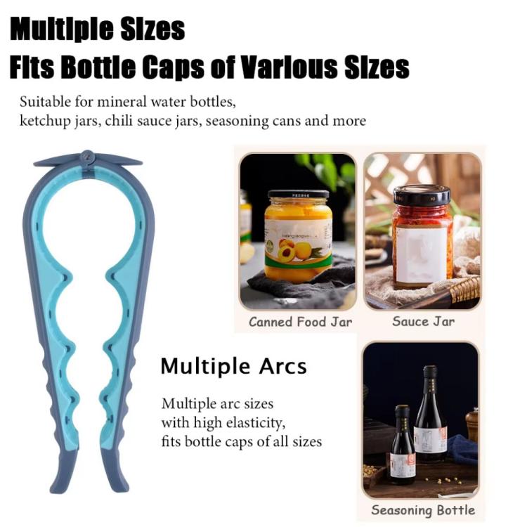 Blue can and bottle cap opener tool with multiple gripping arcs for different cap sizes