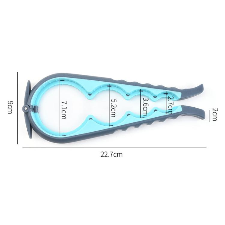 Can and bottle cap opener with turquoise curved head and gray ergonomic handles