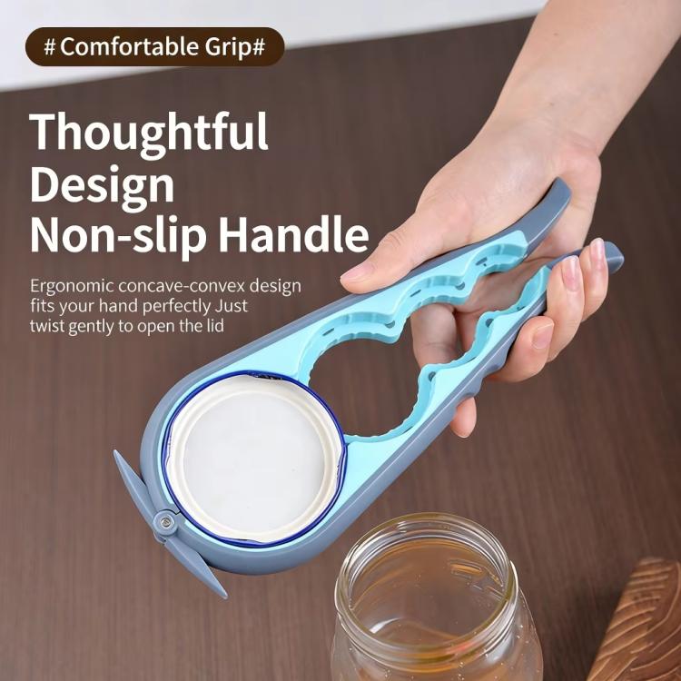Ergonomic non-slip handled can and bottle cap opener with turquoise finger grip
