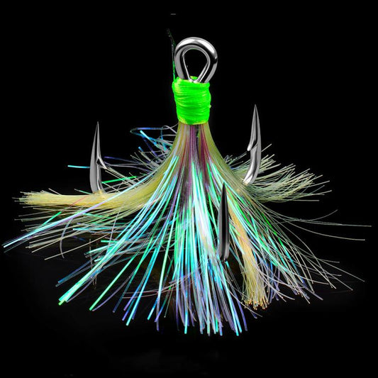 Dressed treble fishing hook with neon-green wrap and multicolor feather tinsel tail