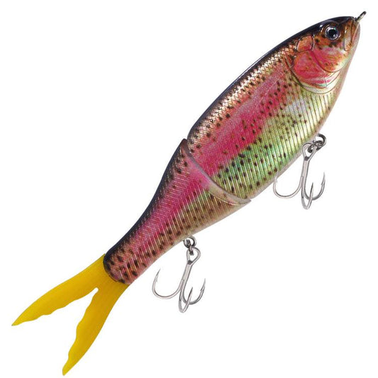 Pink and olive multi-segment sinking lure with yellow tail and treble hooks