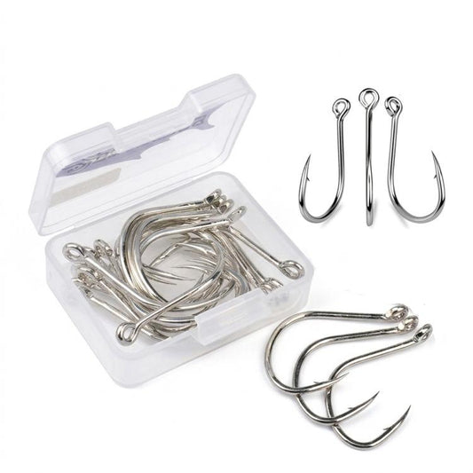 Boxed set of silver fish hooks with ring eye and needle-point barbs, single hooks