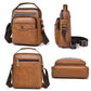 Men's vertical crossbody bag, tan PU leather with front zipper pocket and adjustable strap