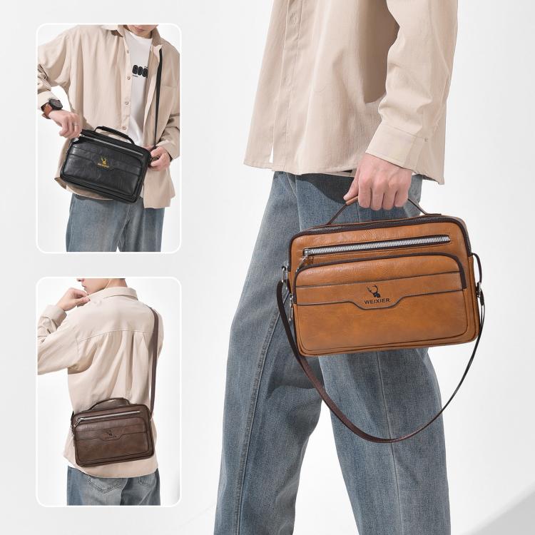 Men’s PU crossbody bag shown worn; front zipper pocket and adjustable shoulder strap