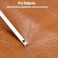 Close-up of tan PU bag material with reinforced edge stitching and cutout hardware tab