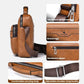 Tan PU crossbody bag side view with sturdy handle, layered front pockets, and zip details
