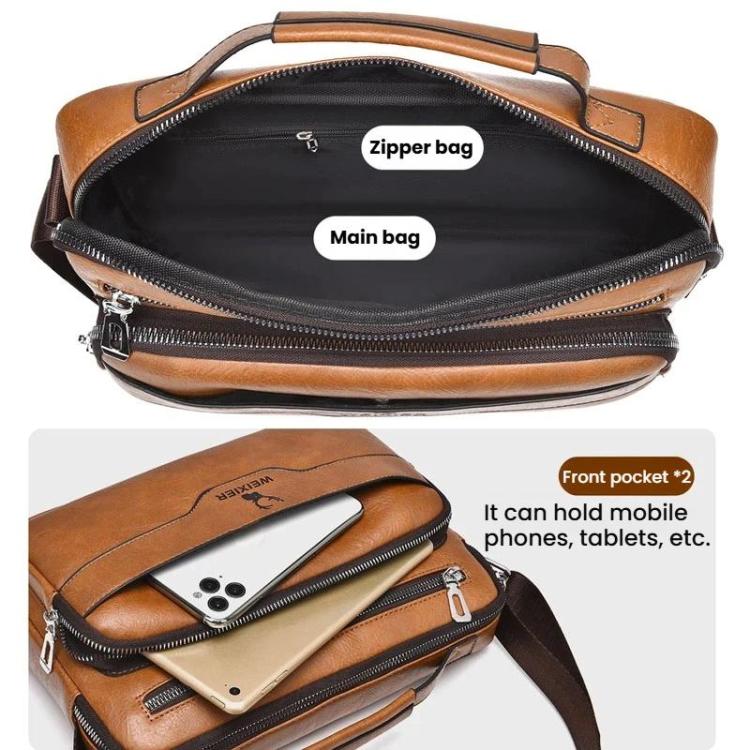Tan PU men’s crossbody bag with front pocket and main compartment, zipper closures visible