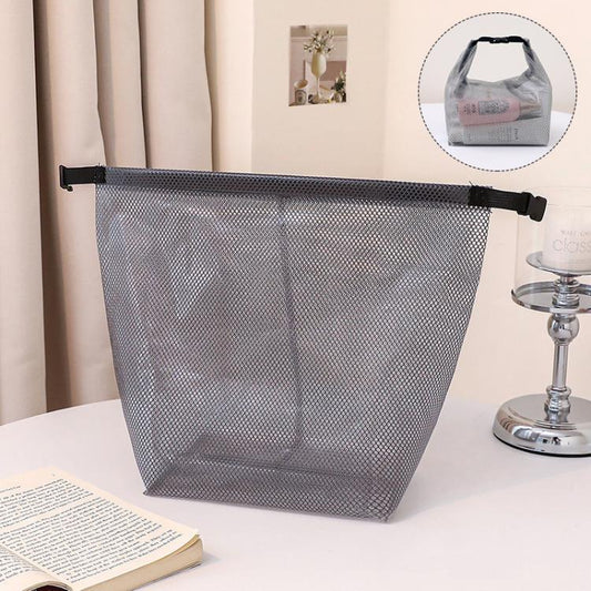 Transparent gray mesh waterproof toiletry bag with black buckle strap closure
