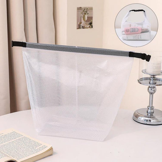 Transparent white mesh waterproof toiletry bag with black buckle strap closure