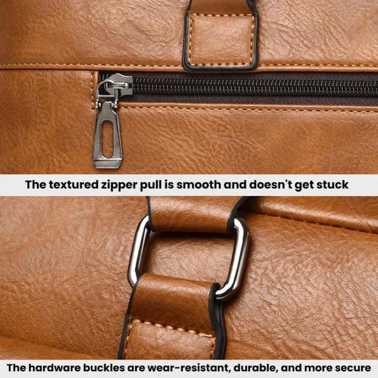 Tan leather-look business bag hardware: zip pull and reinforced strap buckle