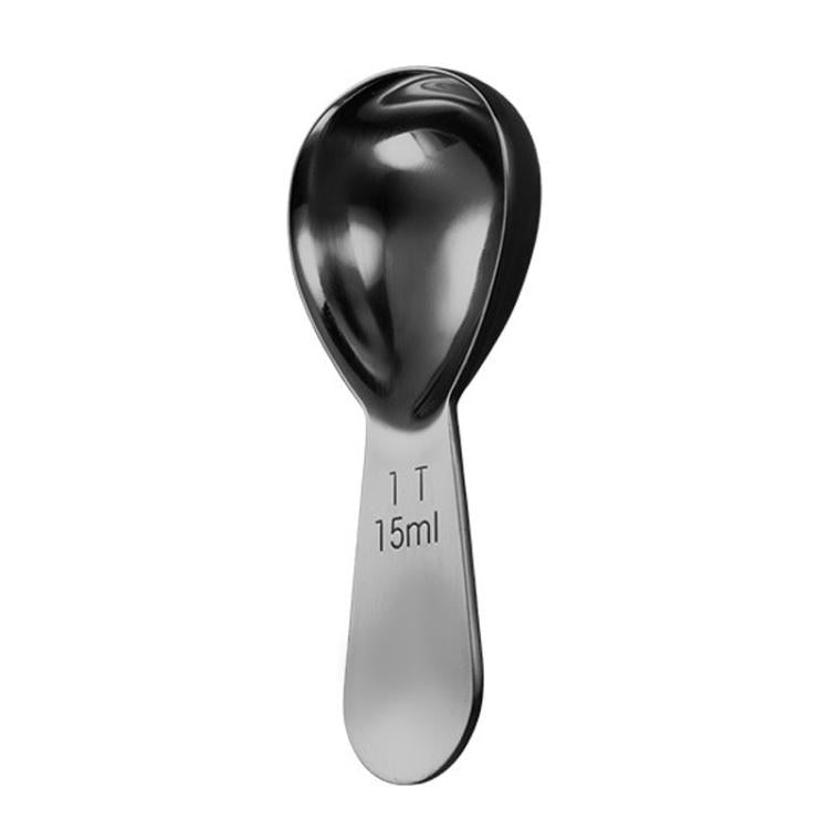Black coffee measuring spoon with 15ml scale markings, oval bowl and tapered handle
