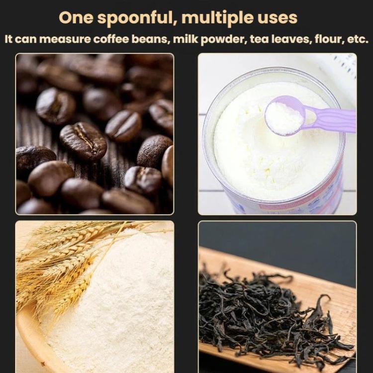 Coffee measuring uses collage: beans, milk powder, tea leaves, and flour