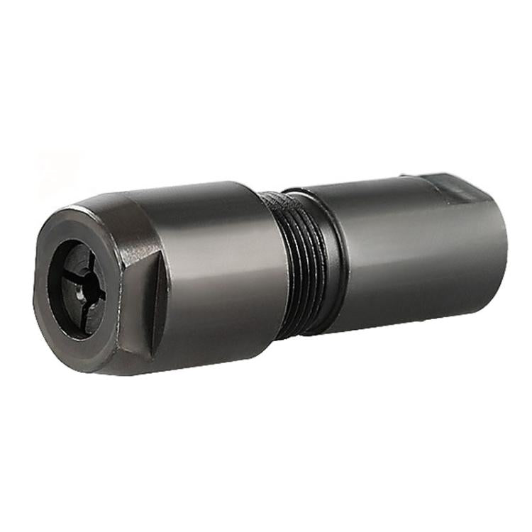 Metal and black grinder chuck adapter with front mounting opening and knurled threads