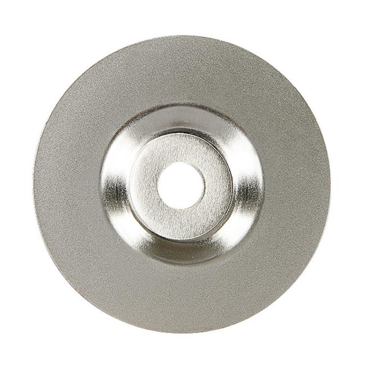Circular emery grinding disc with central hole and brushed metal hub ring, silver-gray