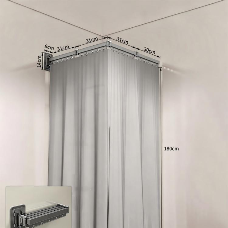 Grey shower curtain partition with corner ceiling rail and pleated curtain panels