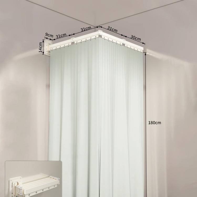 White shower curtain partition with corner ceiling rail and pleated curtain panels