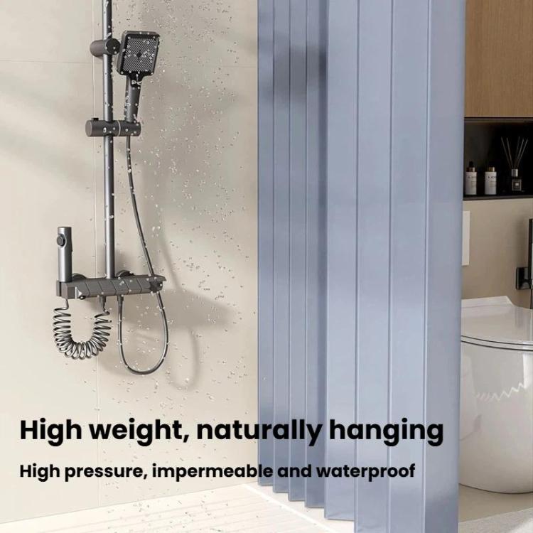 Grey shower curtain partition with ceiling-mounted metal rail and pleated panels