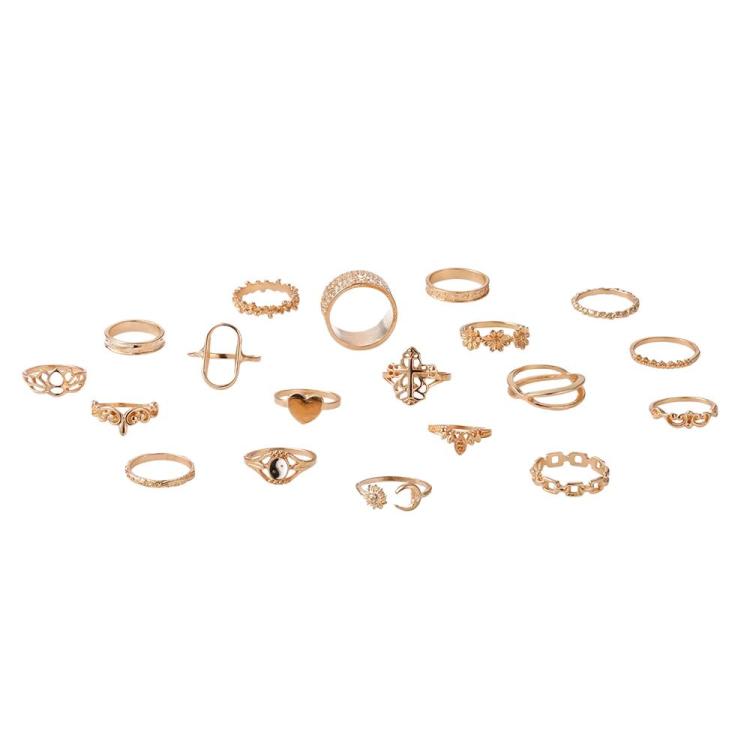 19-piece vintage heart and flower chain ring set in rose-gold tone, assorted styles