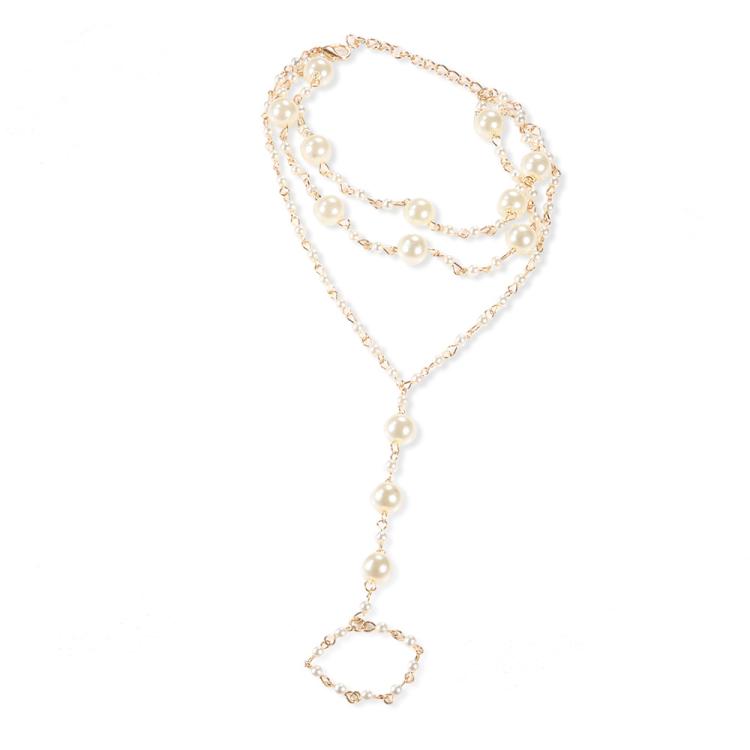 Multi-layer pearl anklet with gold-tone chain and dangling pearl drop