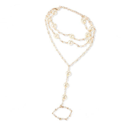 Multi-layer pearl anklet with gold-tone chain and dangling pearl drop