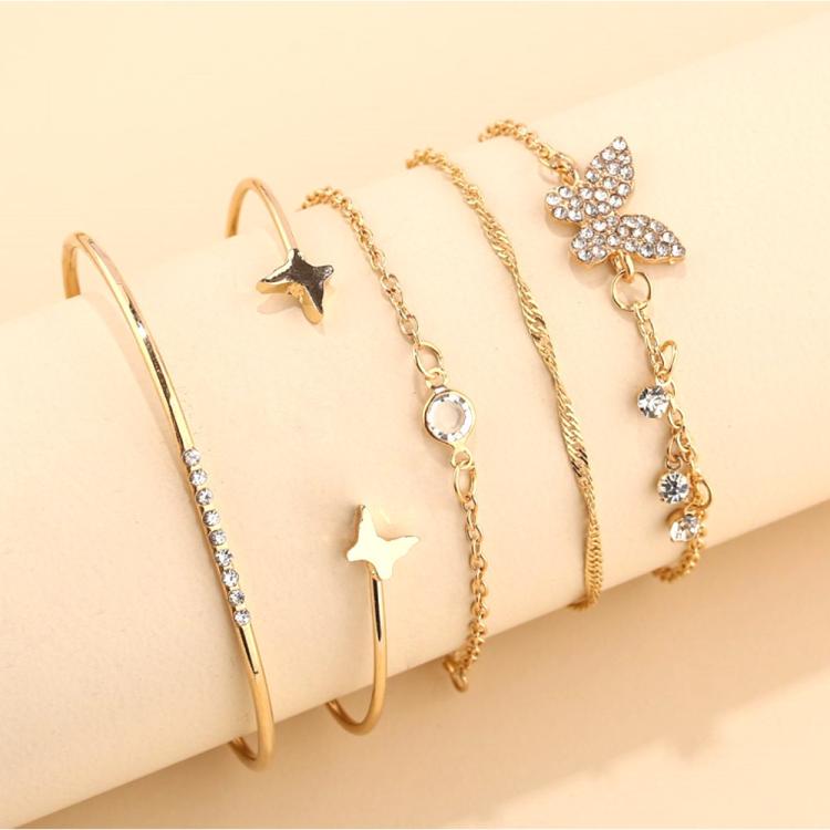 Gold butterfly charm crystal bracelet bangles with star and bow motifs