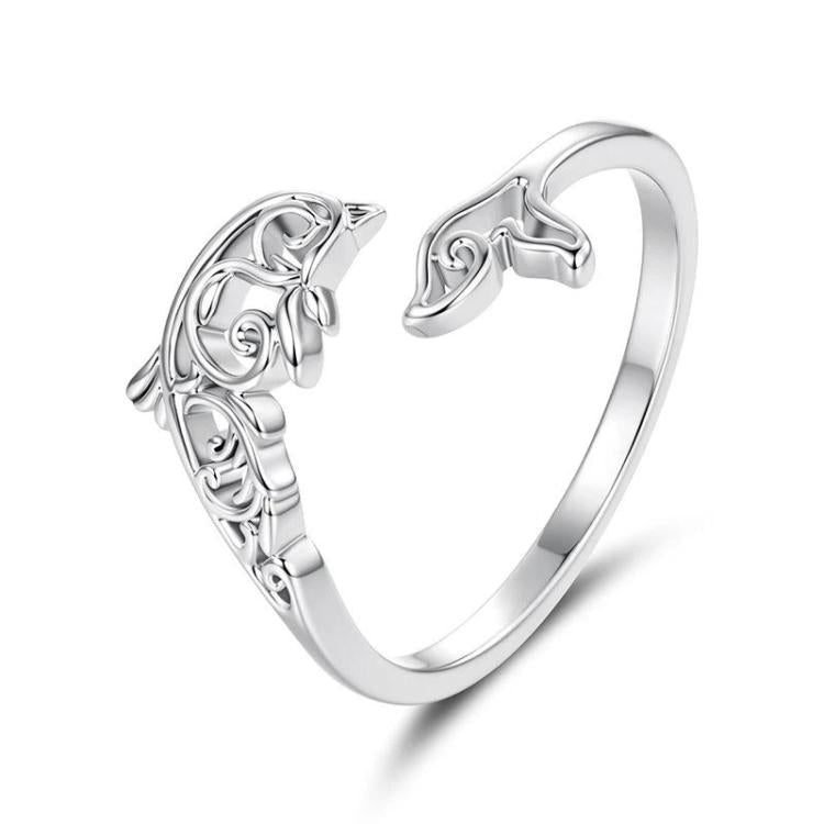Adjustable open cuff ring, silver-tone, ocean-life motif on heart-shaped band