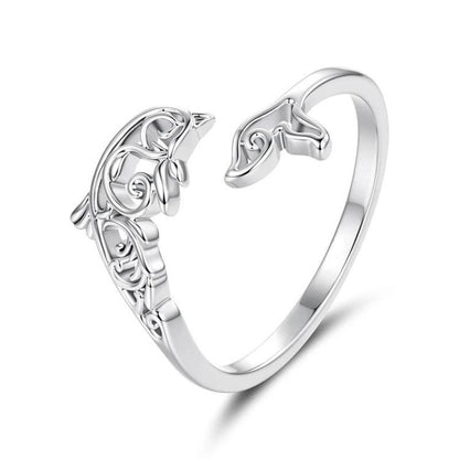 Adjustable open cuff ring, silver-tone, ocean-life motif on heart-shaped band