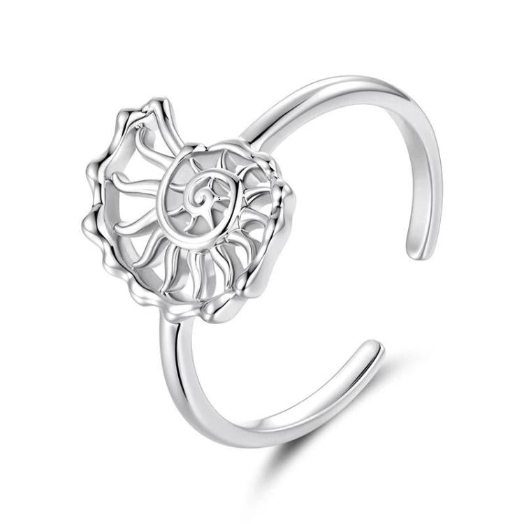 Adjustable open cuff ring, silver-tone, ocean-life design detail with curved band