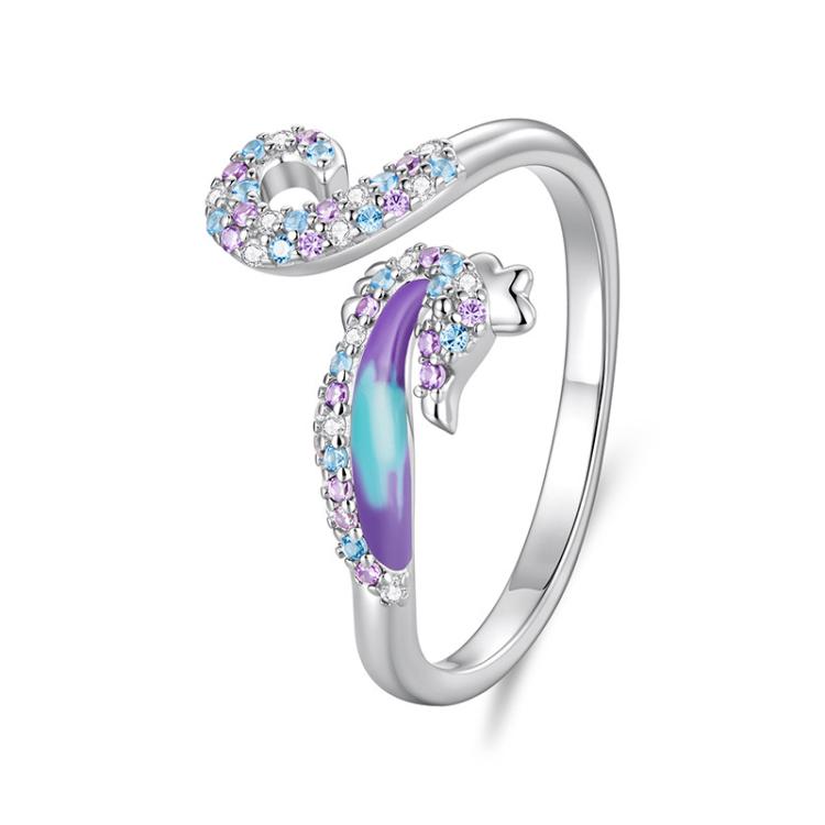 Adjustable seahorse opening ring in silver tone with purple and blue oval accents