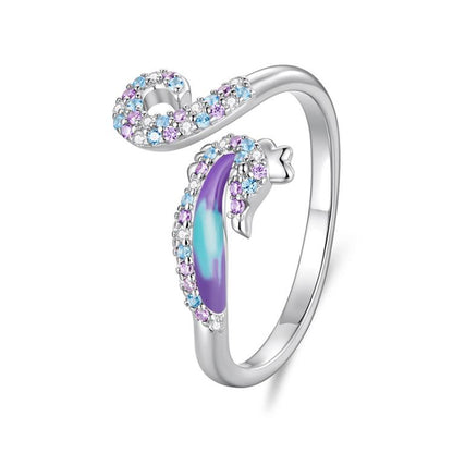 Adjustable seahorse opening ring in silver tone with purple and blue oval accents